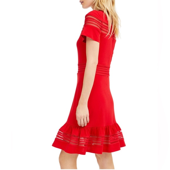 Michael Kors Bright Red Open Weave Mesh Insert Dress w/Ruffled Hem - Sz M - Picture 5 of 16